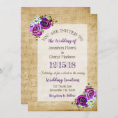 ヴィンテージシートミュージックパープルバラ結婚ズ 招待状 (正面/裏面)