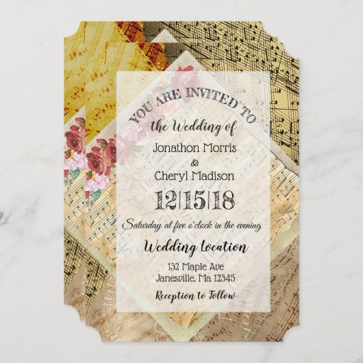 ヴィンテージシートミュージック結婚フローラ 招待状 (正面/裏面)