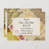 ヴィンテージシートミュージック&バラ日付はがきを保存 案内ポストカード (正面/裏面)