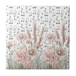 ヴィンテージシート音楽とピンクの牡丹ワイルドフラワー タイル