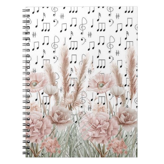 ヴィンテージシート音楽とピンクの牡丹ワイルドフラワー ノートブック (正面)
