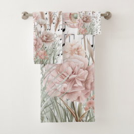 ヴィンテージシート音楽とピンクの牡丹ワイルドフラワー バスタオルセット
