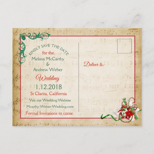 ヴィンテージシート音楽の冬の日付はがきを保存 案内ポストカード (裏面)