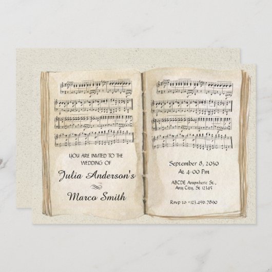 ヴィンテージシート音楽ブックペー結婚ジ 招待状 (正面/裏面)