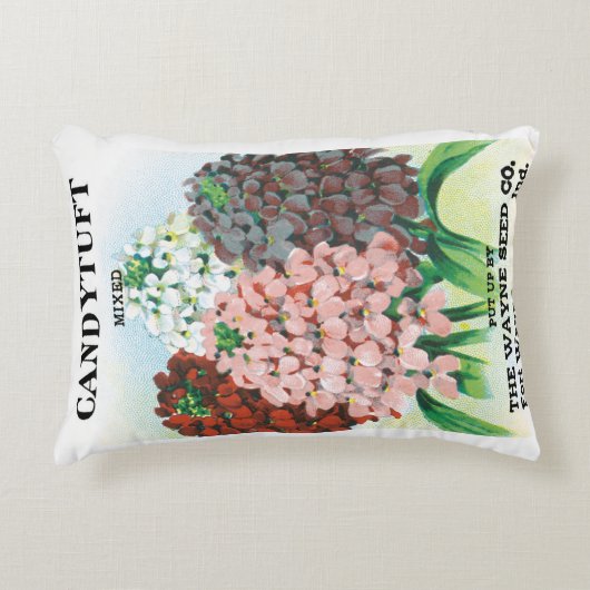 ヴィンテージシードパケットアート、キャンディトゥフトガーデンフラワー アクセントクッション (正面)