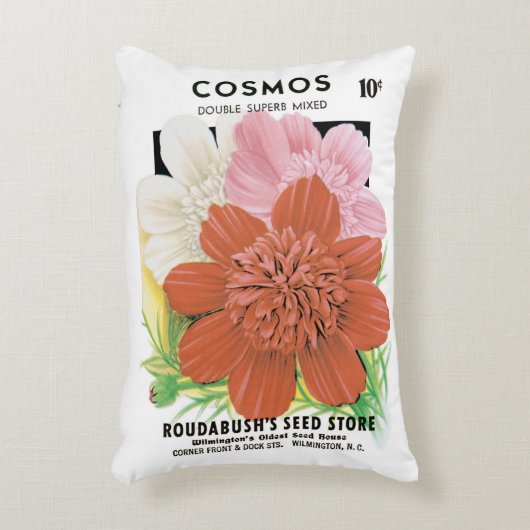 ヴィンテージシードパケットアート、コスモスガーデンフラワー アクセントクッション (正面(垂直))