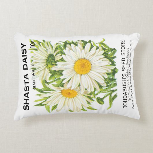 ヴィンテージシードパケットアート、シャスタデイジー花 アクセントクッション (正面)