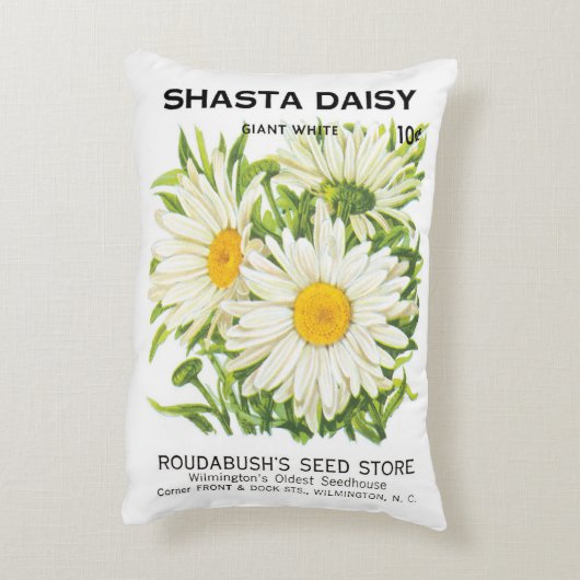 ヴィンテージシードパケットアート、シャスタデイジー花 アクセントクッション (裏面(縦))