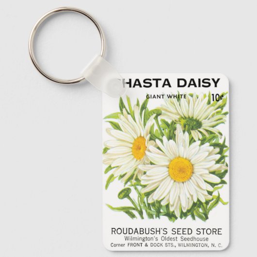 ヴィンテージシードパケットアート、シャスタデイジー花 キーホルダー (正面)