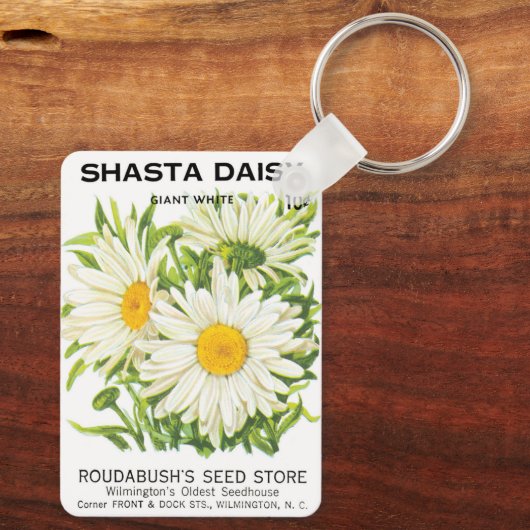 ヴィンテージシードパケットアート、シャスタデイジー花 キーホルダー (裏面)