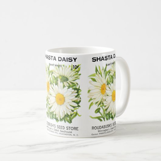 ヴィンテージシードパケットアート、シャスタデイジー花 コーヒーマグカップ (正面右)