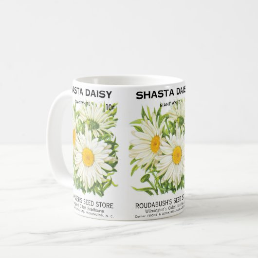 ヴィンテージシードパケットアート、シャスタデイジー花 コーヒーマグカップ (正面左)