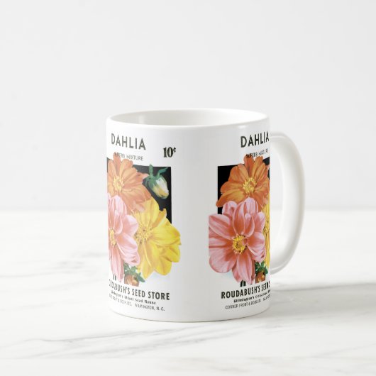 ヴィンテージシードパケットアート、ダリアガーデンフラワー コーヒーマグカップ (正面右)