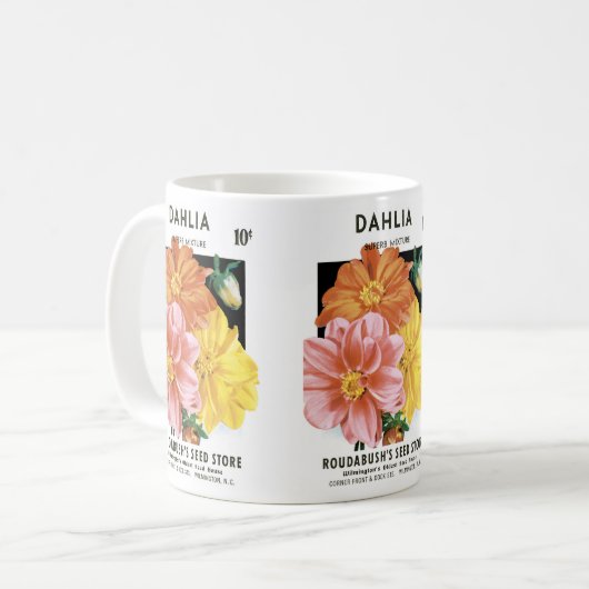 ヴィンテージシードパケットアート、ダリアガーデンフラワー コーヒーマグカップ (正面左)