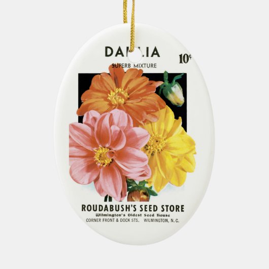 ヴィンテージシードパケットアート、ダリアガーデンフラワー セラミックオーナメント (裏面)