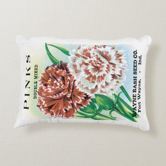 ヴィンテージシードパケットアート、ピンクカーネーション花 アクセントクッション (裏面)