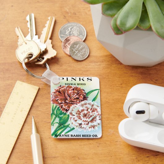 ヴィンテージシードパケットアート、ピンクカーネーション花 キーホルダー (デスク)