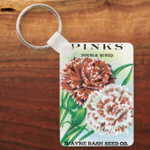 ヴィンテージシードパケットアート、ピンクカーネーション花 キーホルダー (正面)