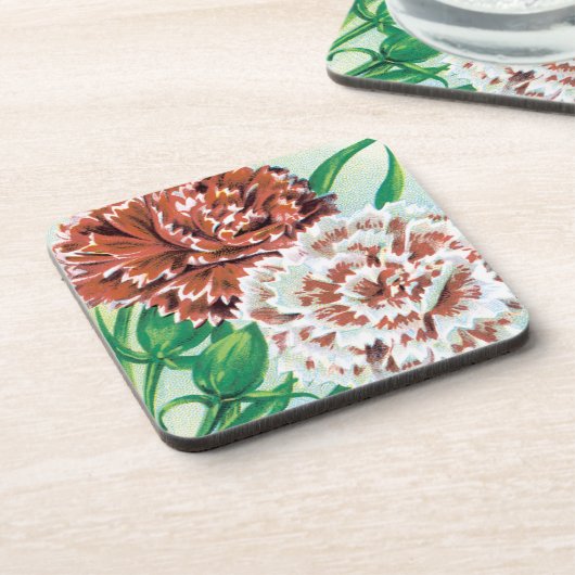 ヴィンテージシードパケットアート、ピンクカーネーション花 コースター (左側)