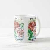 ヴィンテージシードパケットアート、ピンクカーネーション花 コーヒーマグカップ (正面右)