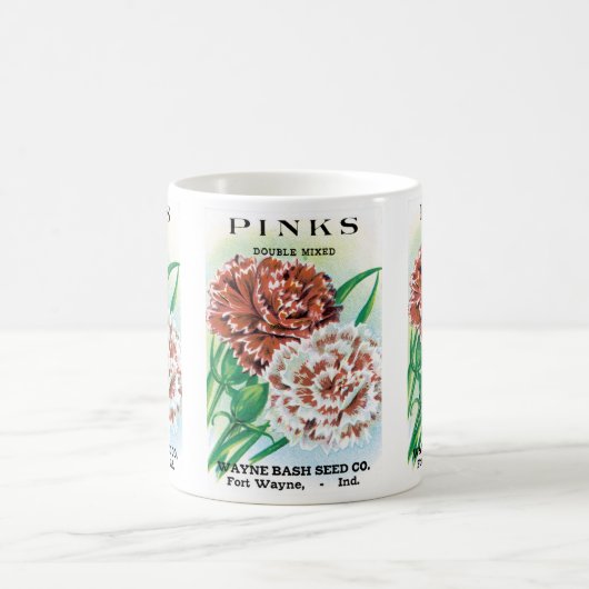 ヴィンテージシードパケットアート、ピンクカーネーション花 コーヒーマグカップ (中央)