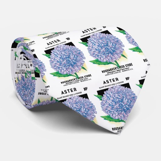 ヴィンテージシードパケットアート、紫色のアスター花 ネクタイ (ロール)
