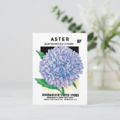 ヴィンテージシードパケットアート、紫色のアスター花 ポストカード (スタンド正面)