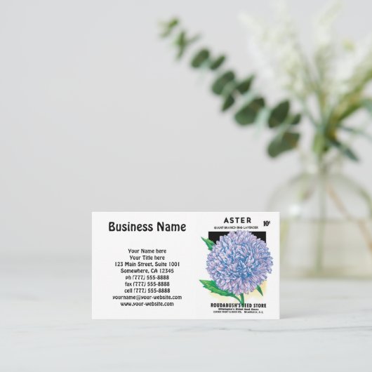 ヴィンテージシードパケットアート、紫色のアスター花 名刺 (スタンド正面)