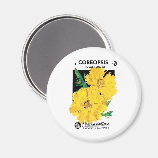 ヴィンテージシードパケットアート、黄色い色共生の花 マグネット (正面/裏面)