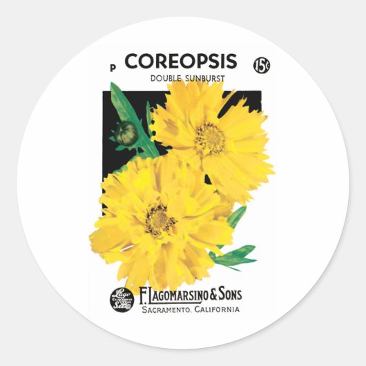ヴィンテージシードパケットアート、黄色い色共生の花 ラウンドシール (正面)