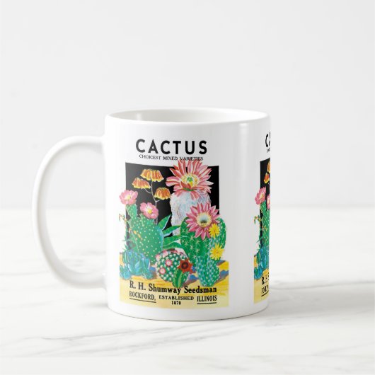 ヴィンテージシードパケットラベルアート砂漠サボテン植物 コーヒーマグカップ (左)