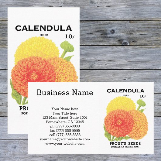 ヴィンテージシードパケットラベルアート、カレンダフラワー 名刺