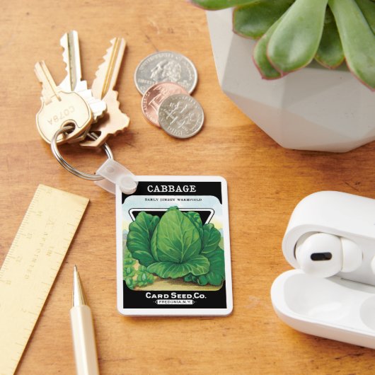 ヴィンテージシードパケットラベルアート、グリーンキャベツ キーホルダー (デスク)