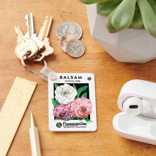 ヴィンテージシードパケットラベルアート、椿の花 キーホルダー (デスク)