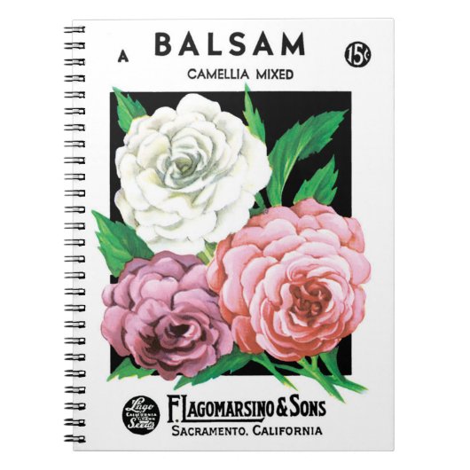 ヴィンテージシードパケットラベルアート、椿の花 ノートブック (正面)