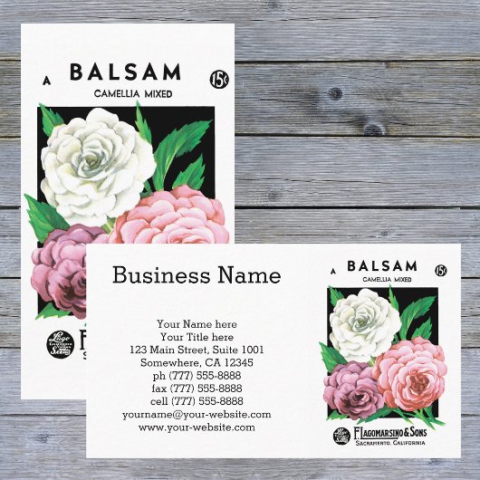 ヴィンテージシードパケットラベルアート、椿の花 名刺