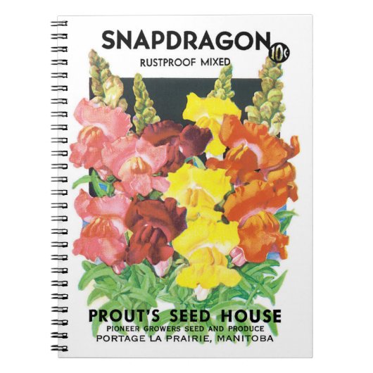 ヴィンテージシードパケットラベルアート、Snapdragon Flowers ノートブック (正面)