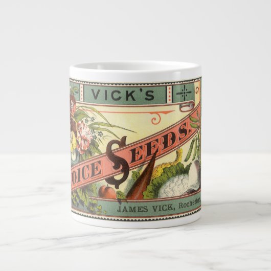 ヴィンテージシードパケットラベルアート、Vickの選択シード ジャンボコーヒーマグカップ (正面)