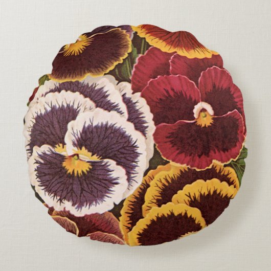 ヴィンテージシードパケットラベル、ガーデンパンジー花 ラウンドクッション (正面)