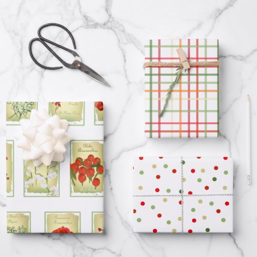 ヴィンテージシードパック、ドットとプレイド ラッピングペーパーシート (正面)