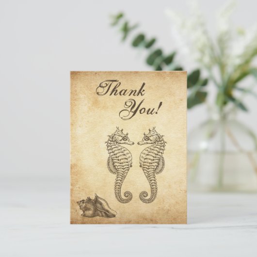 ヴィンテージシーホースとコンチシェルビーチありがとう ポストカード (スタンド正面)