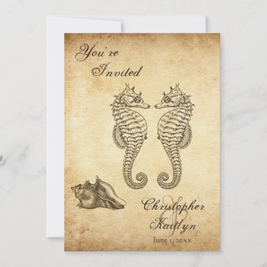 ヴィンテージシーホースとコンチシェルビーチ結婚式 招待状 (正面)