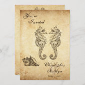 ヴィンテージシーホースとコンチシェルビーチ結婚式 招待状 (正面/裏面)