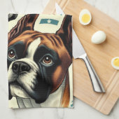 ヴィンテージシームレスボクサードッグイラストレーション キッチンタオル (四つ折り)