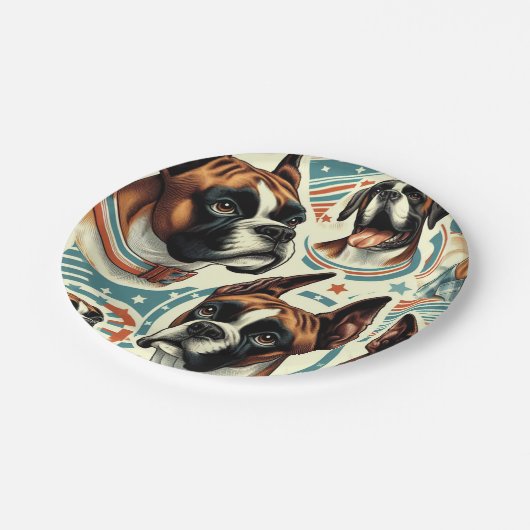 ヴィンテージシームレスボクサードッグイラストレーション ペーパープレート (アングル)