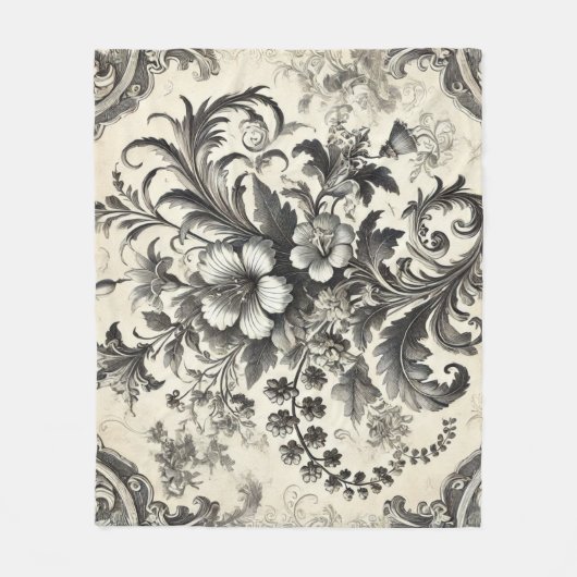 ヴィンテージシームレス植物花パターン フリースブランケット (正面)