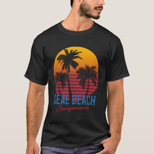 ヴィンテージシールビーチカリフォルニアパームツリーズサンセットカ Tシャツ (正面)