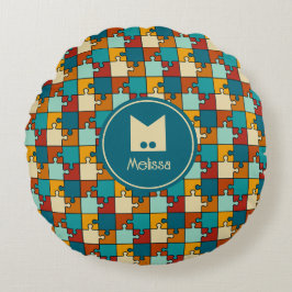 ヴィンテージジグソーパズル片パターンモノグラム ラウンドクッション