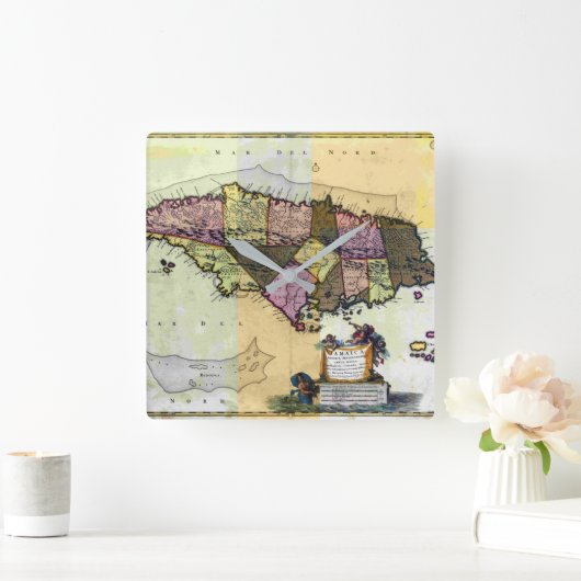 ヴィンテージジャマイカ1680の地図 スクエア壁時計 (ホーム)