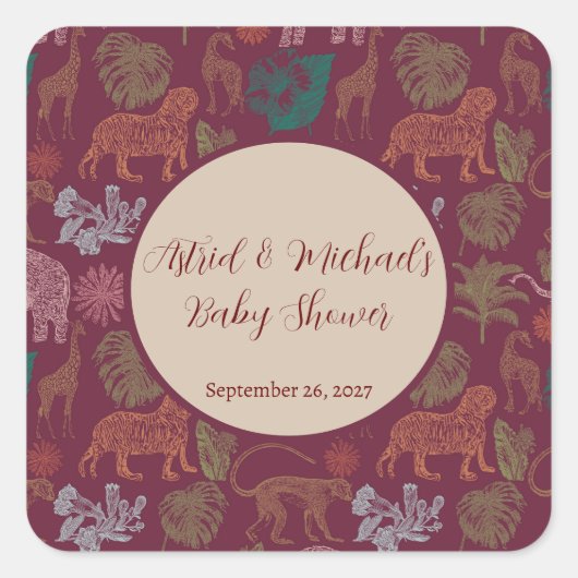 ヴィンテージジャングルサファリピンクベビーシャワー スクエアシール (正面)